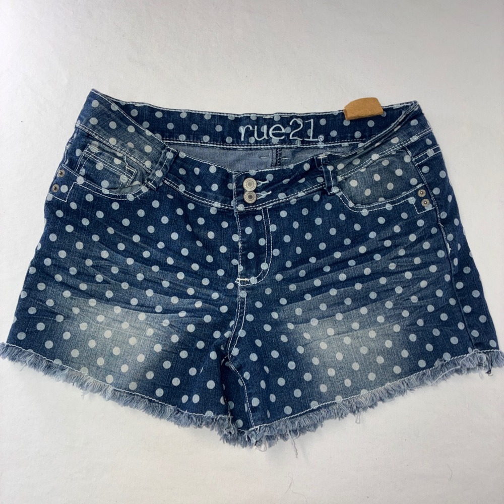 447 Retro rue21 Polka Dot Denim Shorts 13/14 Blue Frayed Hem Stretch